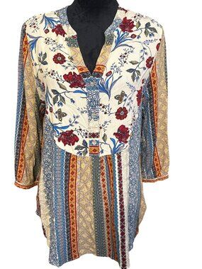 Boho Floral Patchwork Tunic Top With 3/4 Sleeves